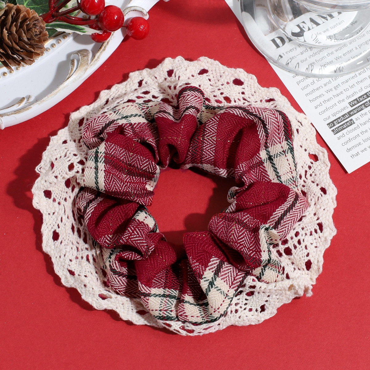 Women's Autumn Winter Fluffy Knit Hair Scrunchie Classic Red Plaid