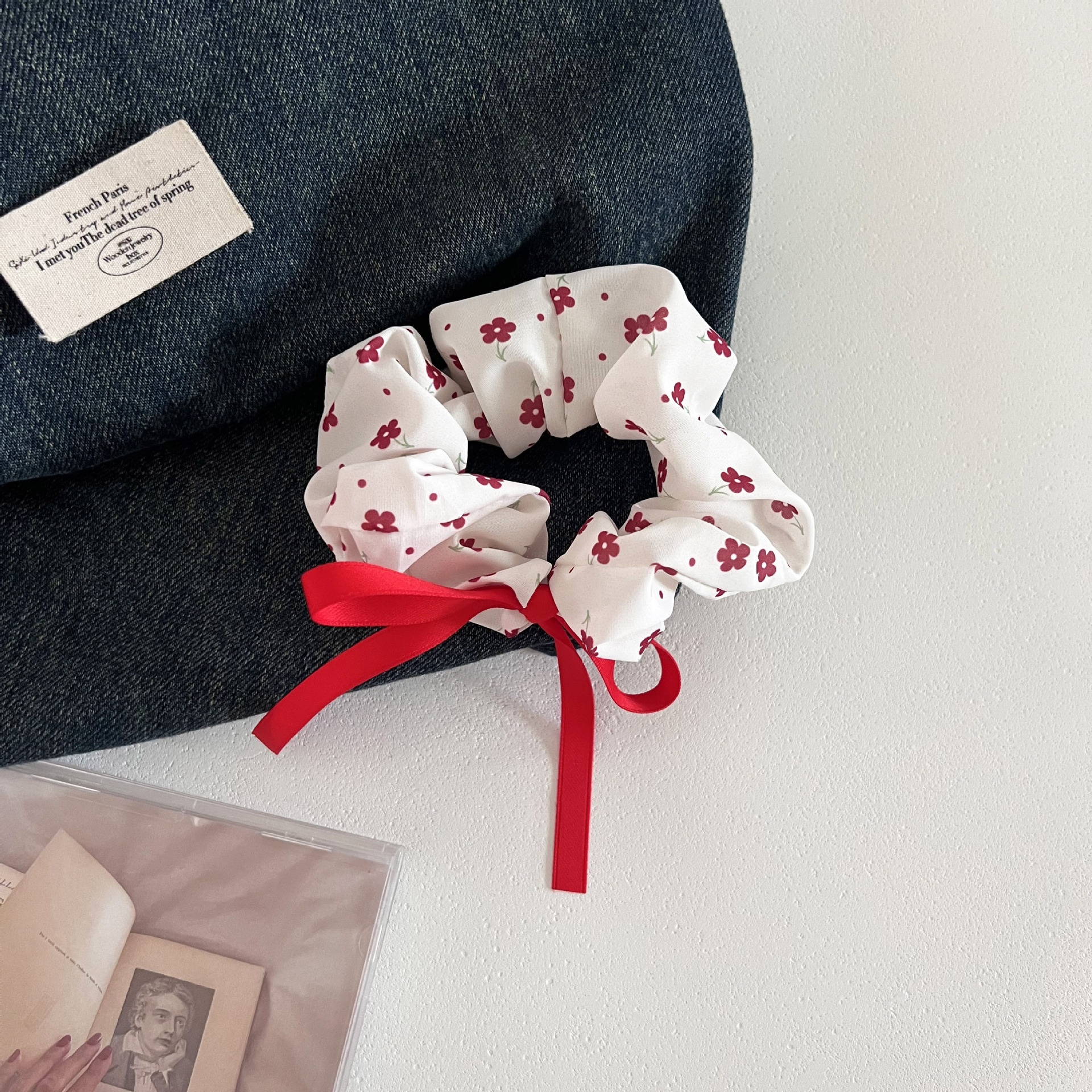 Women's Cloth Bowknot Hair Tie White Red Ditsy Floral Heart Print