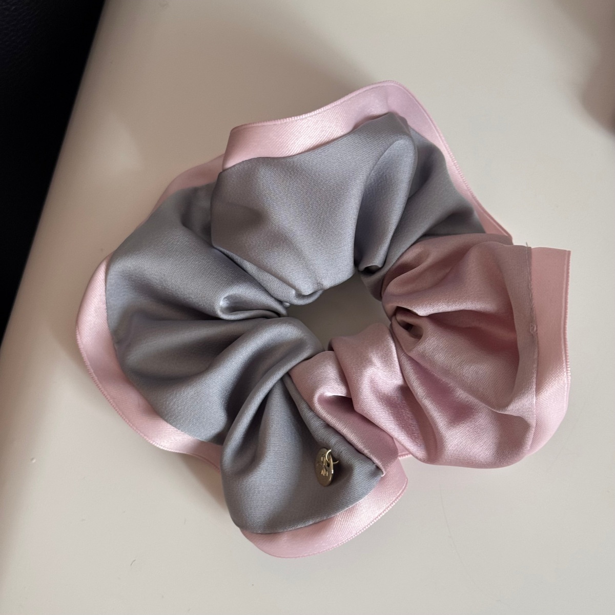 Women's Winter Satin Scrunchie Hair Tie Grey & Pink Color Block