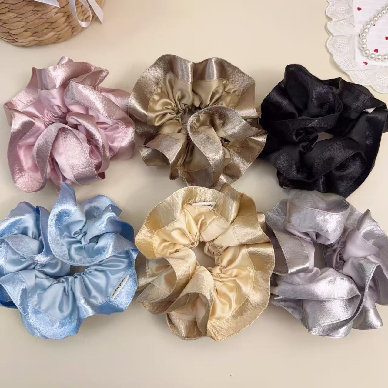 Women Girls Spring Summer Satin Bubble Braid Hair Rope Solid Pink