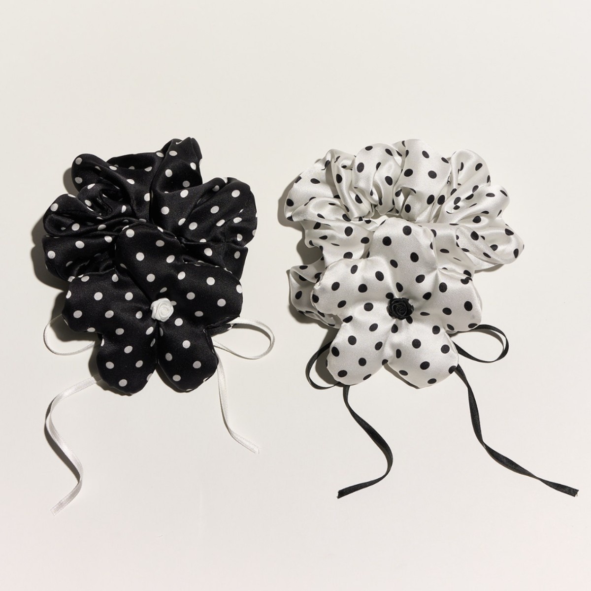 Girls Spring Satin Telephone Cord Hair Tie White And Black Polka Dots