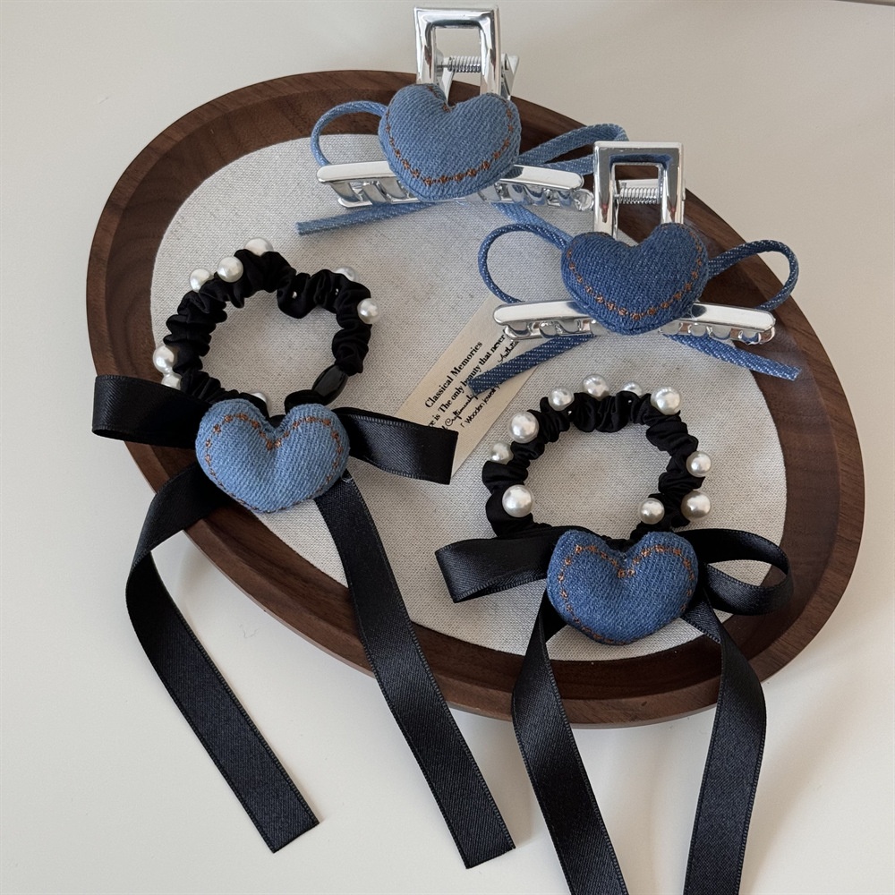 Women's Retro Denim Hair Tie Summer Accessory Pearl Heart Bow Knot