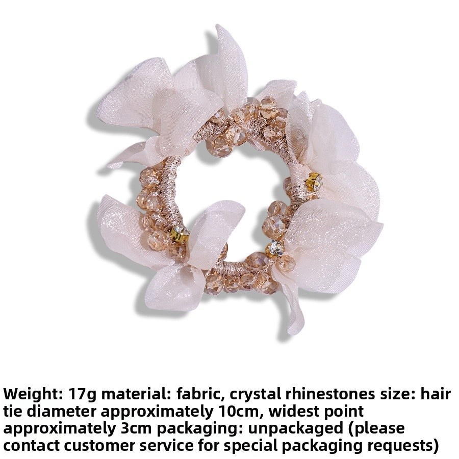 Women's Fairy Crystal Petal Hair Ring Organza Ponytail Tie Black Champagne