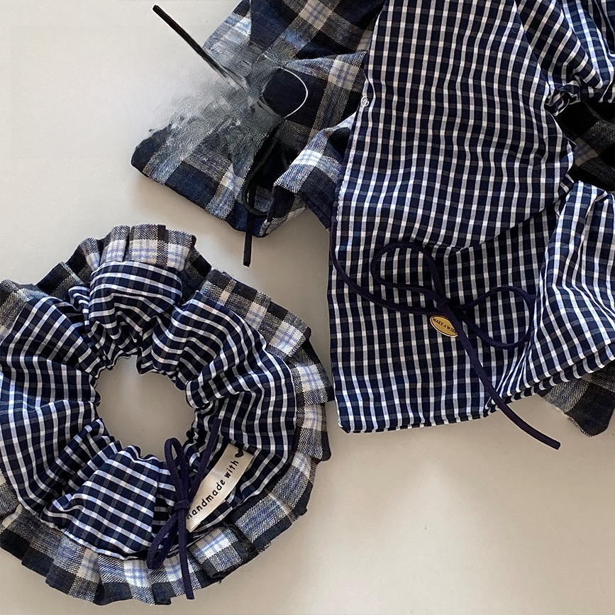 Women Cloth Hair Tie Preppy Style Autumn Accessory Navy Blue Plaid
