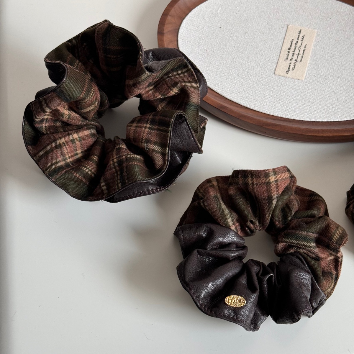 Women's Autumn Winter Fabric Bow Scrunchie Hair Tie Brown Color Block Plaid