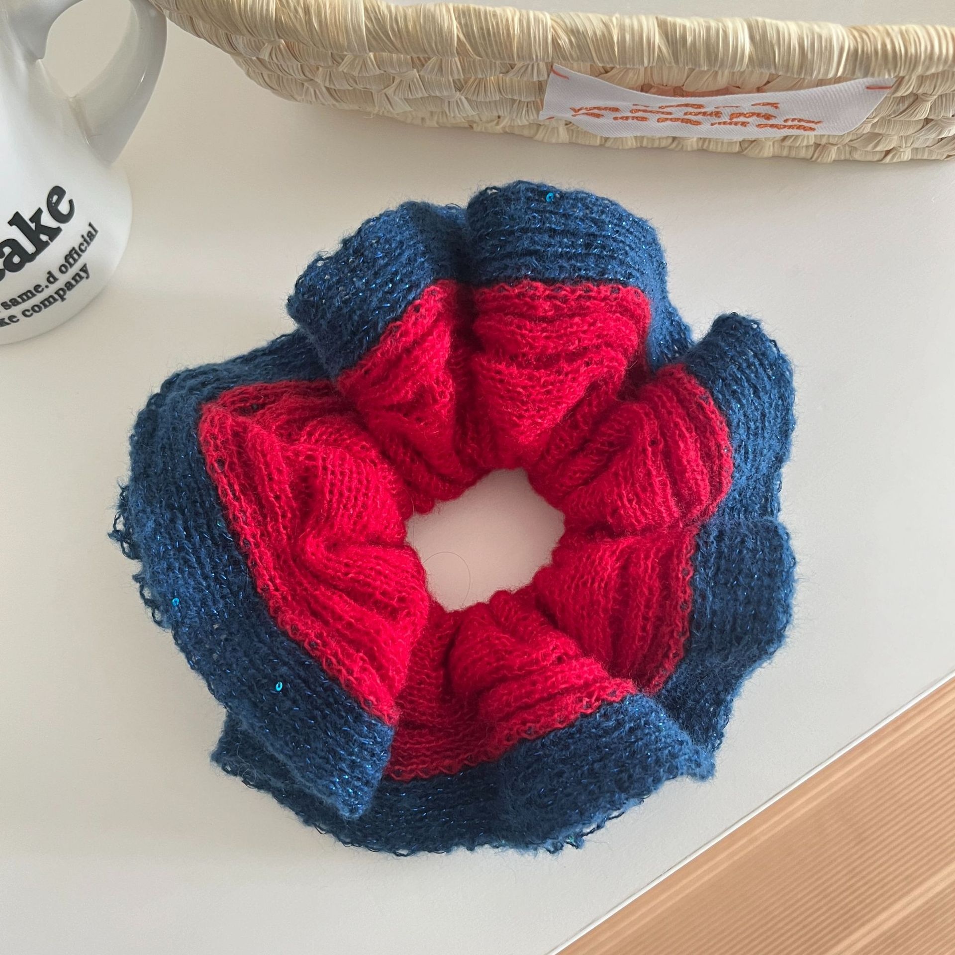 Women's Autumn Winter Knit Wool Yarn Hair Tie Round Scrunchie Blue