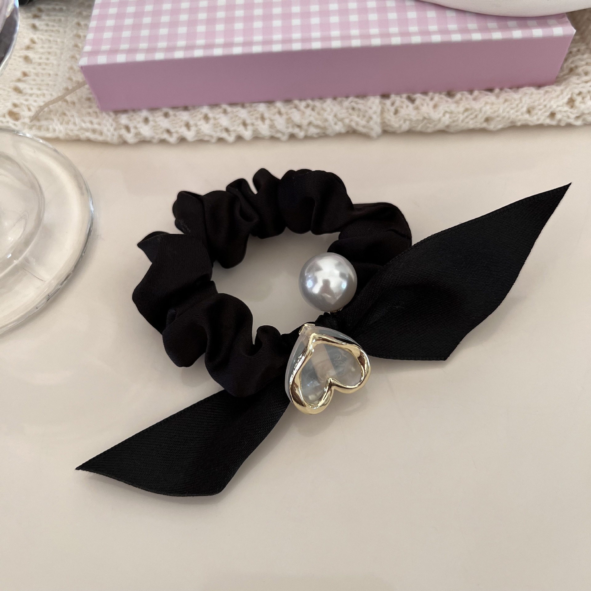 Women's High Elastic Pearl Cloth Hair Tie Ponytail Holder Black Heart