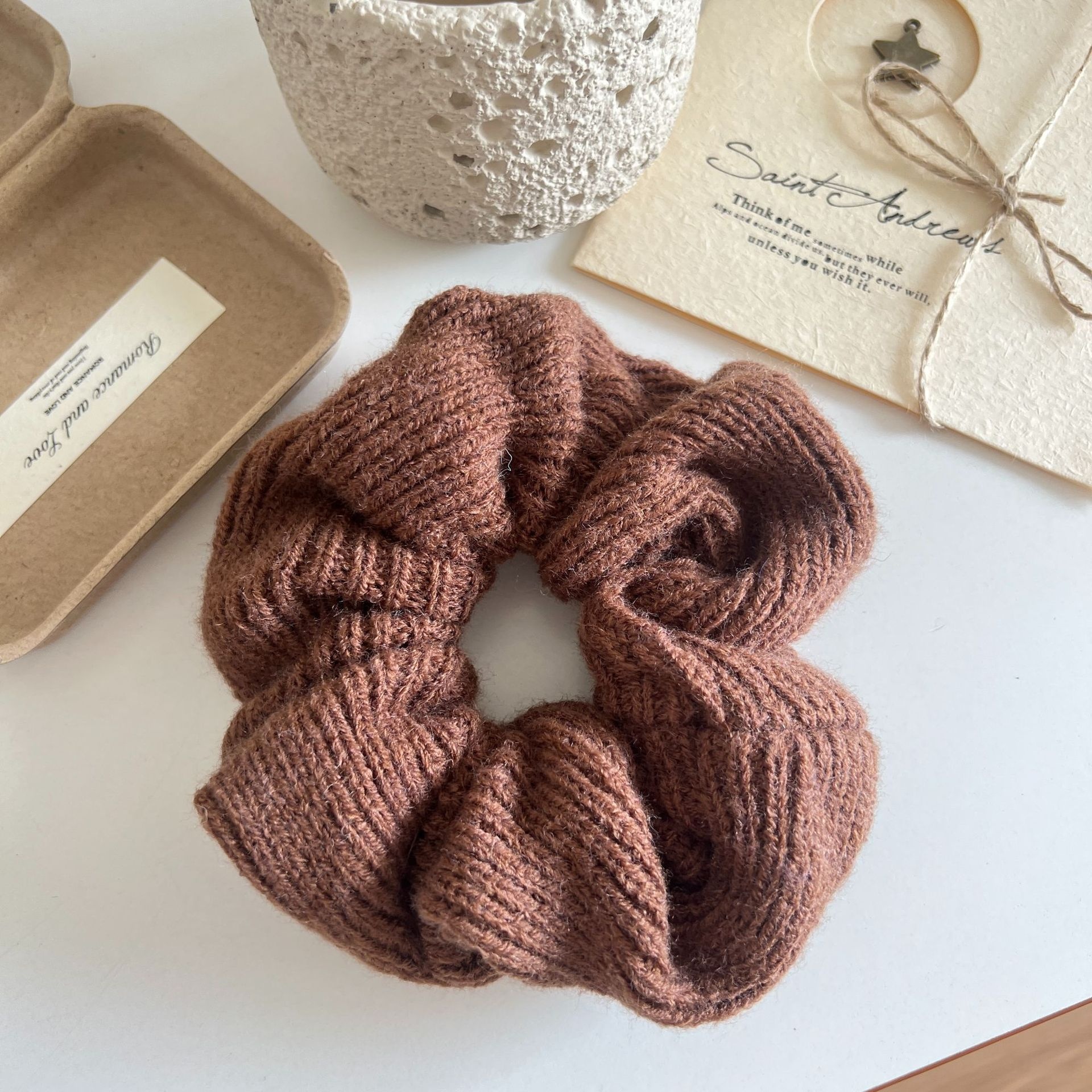 Women's Retro Knitted Pleated Elastic Hair Scrunchie Solid Coffee Color