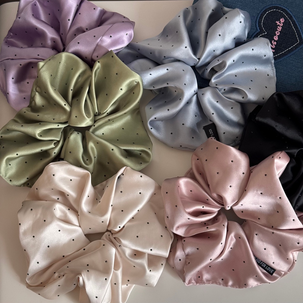 Women's Elegant Spring Satin Hair Tie Scrunchie in Beige Polka Dots