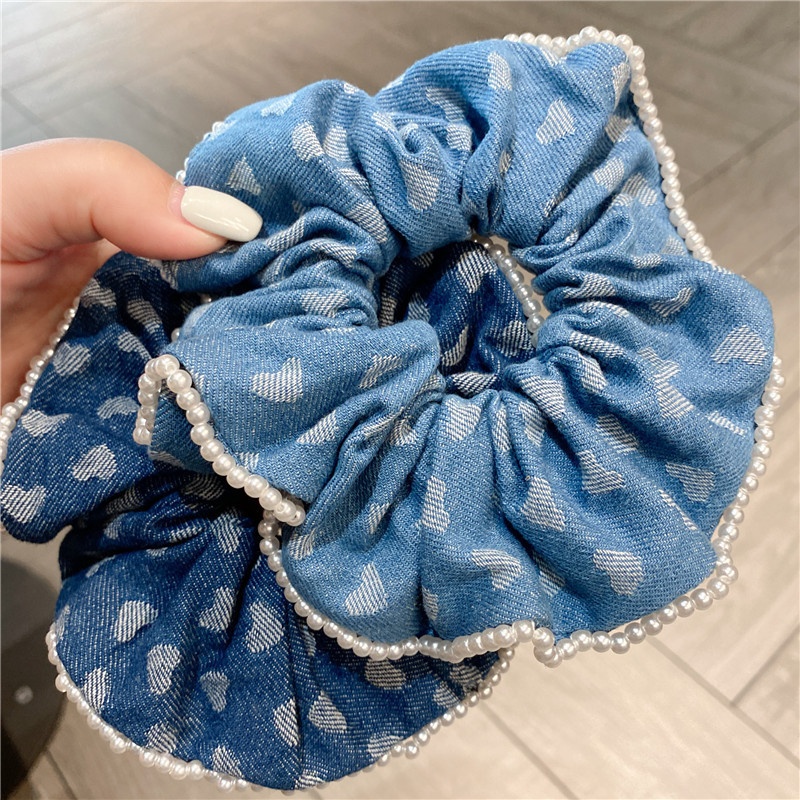Women Sweet Ponytail Hair Bands Retro Denim Pearl Heart