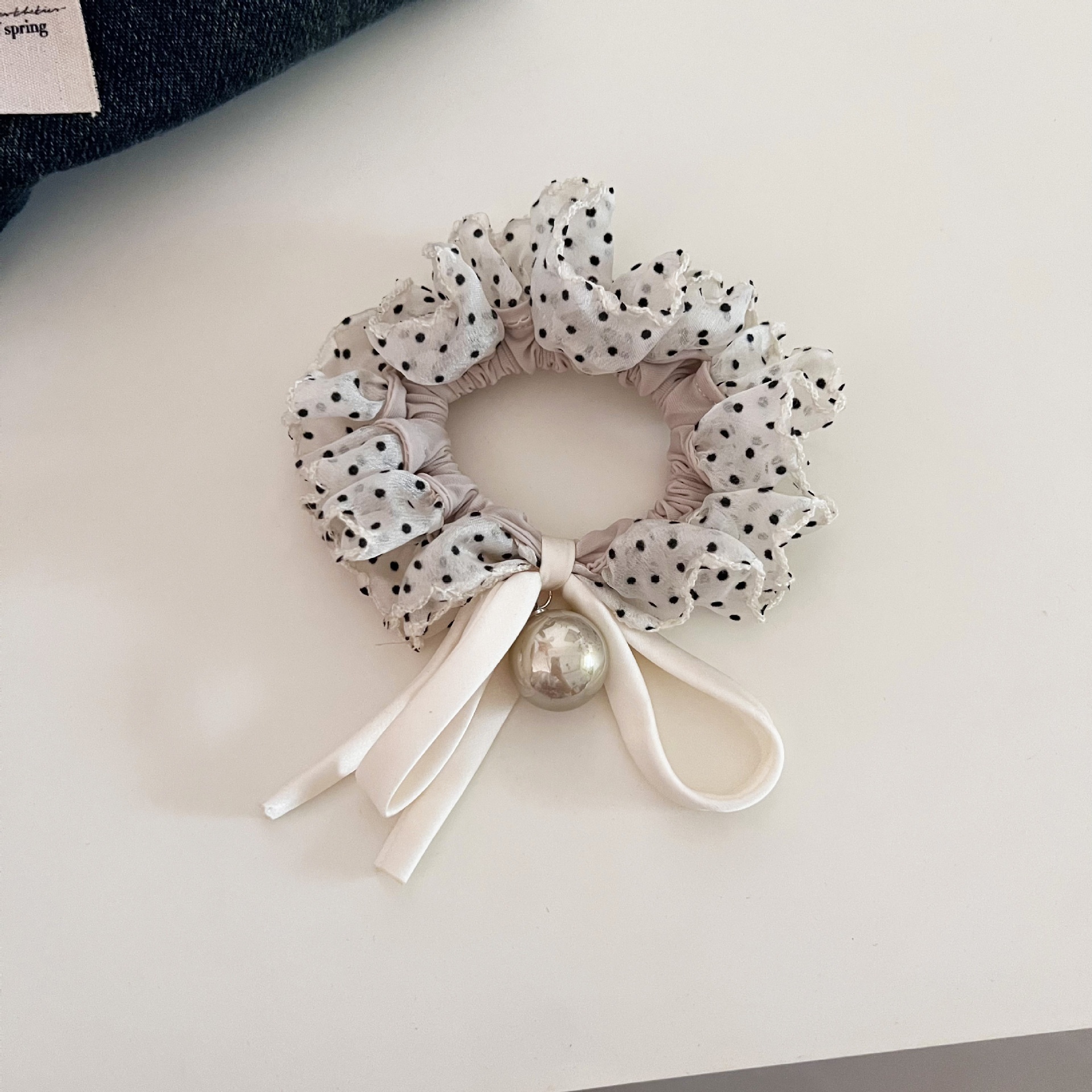 Women's Daily Pearl Bow Elastic Hair Tie Black White Polka Dot Cloth
