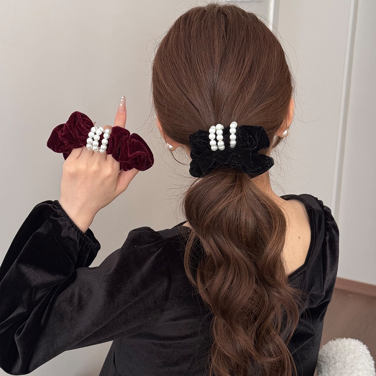 Handmade Pearl Velvet Shiny Autumn Winter Hairband Headband Multifunctional Elastic Hairband Princess