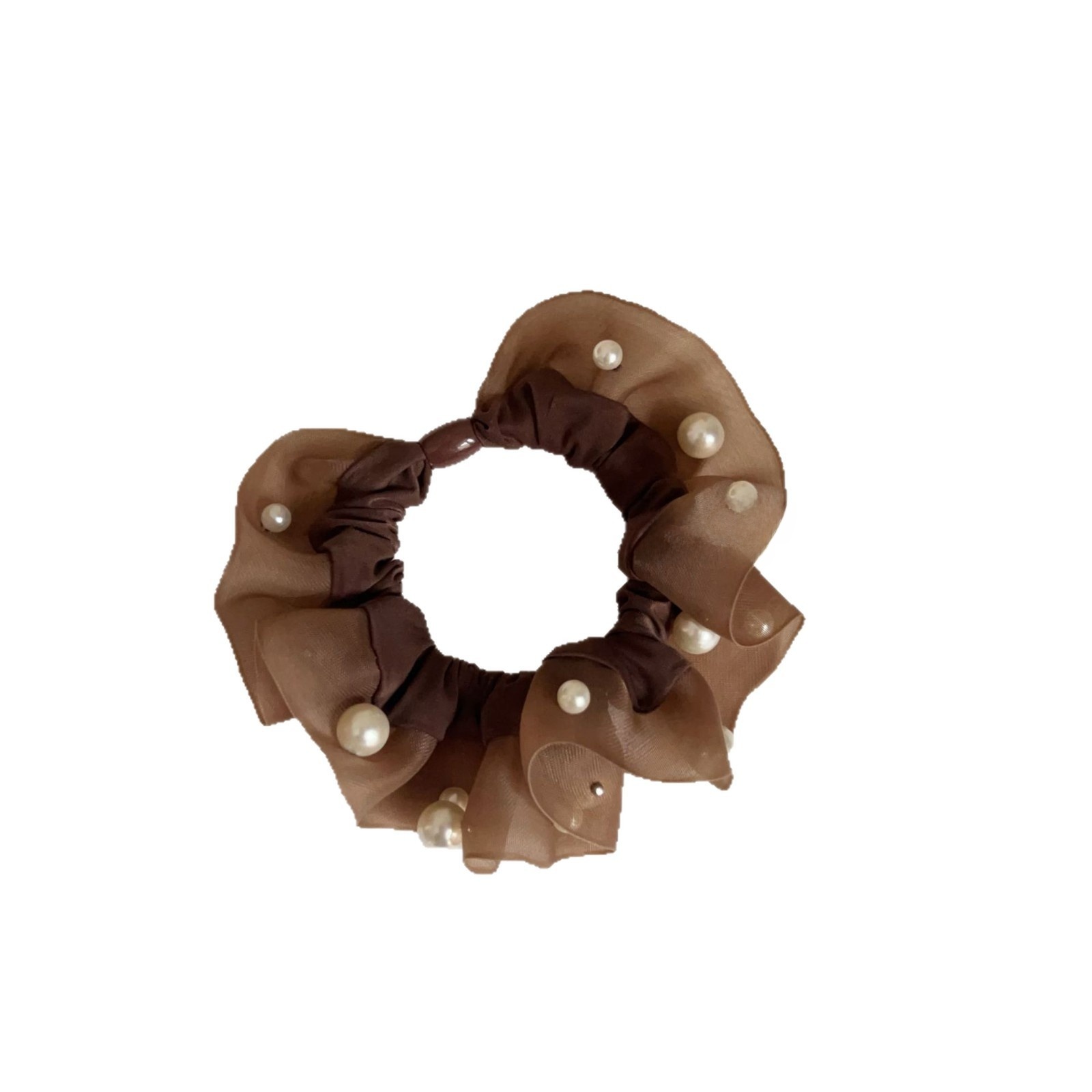 Women's Simple Organza Pearl Hair Tie - Elegant Coffee Autumn Accessory