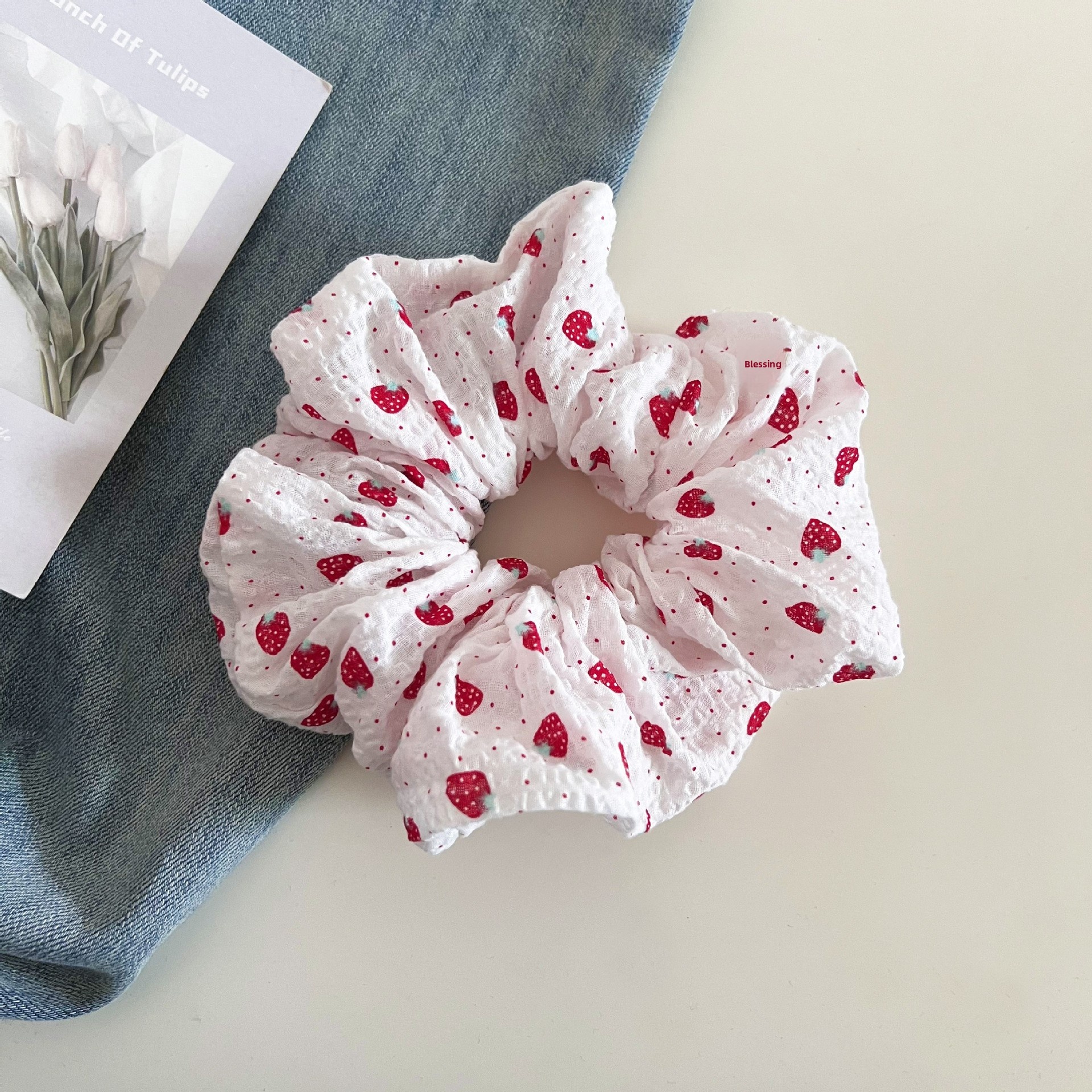 Women's Summer Cloth Ruched Bun Hair Scrunchie Strawberry Polka Dots