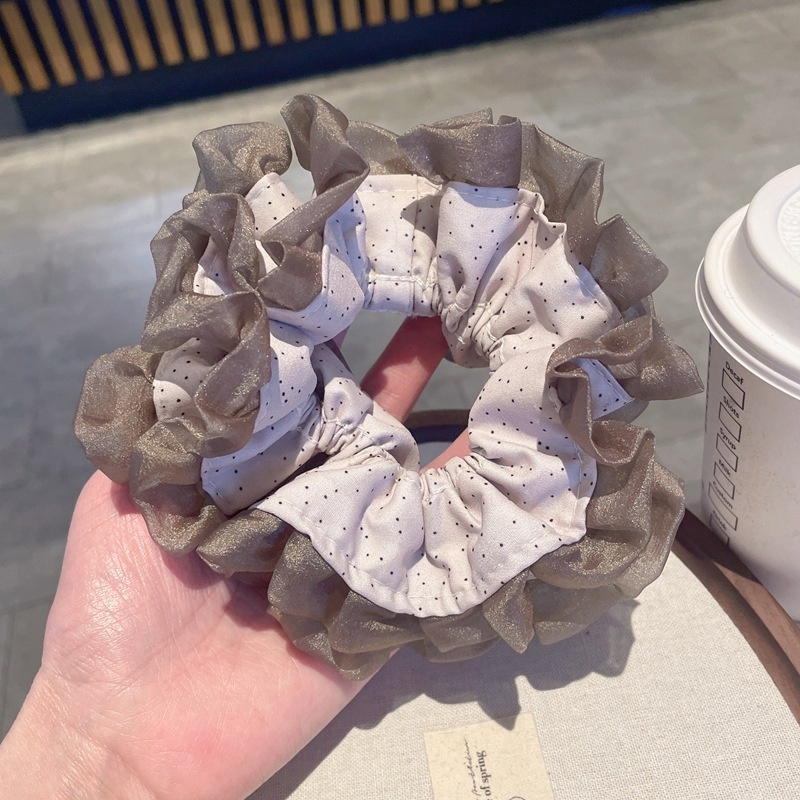 Women's Spring Tulle Scrunchie Ponytail Holder Beige Polka Dots