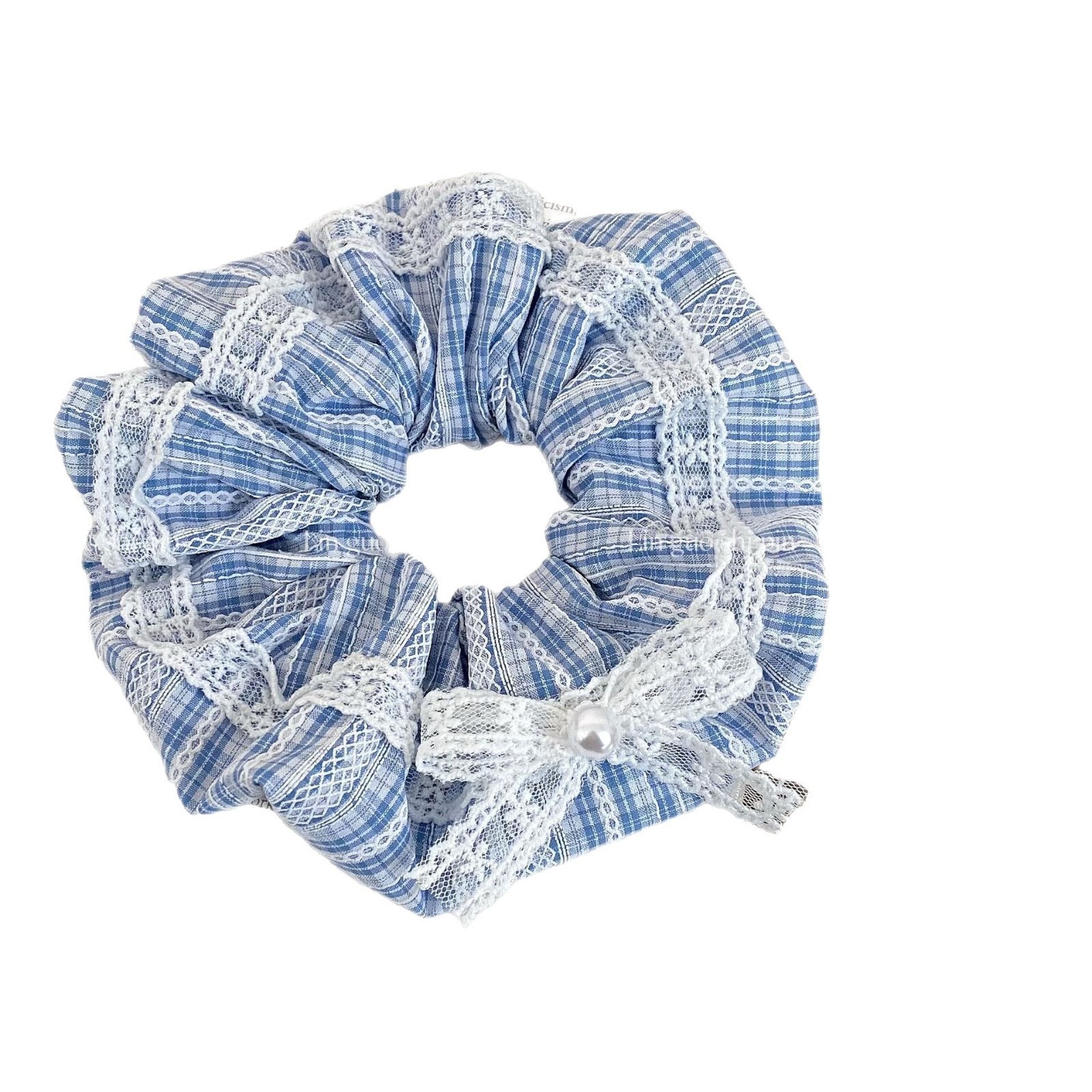 Women's Pearl Lace Bowknot Cloth Hair Scrunchie Blue Checkered