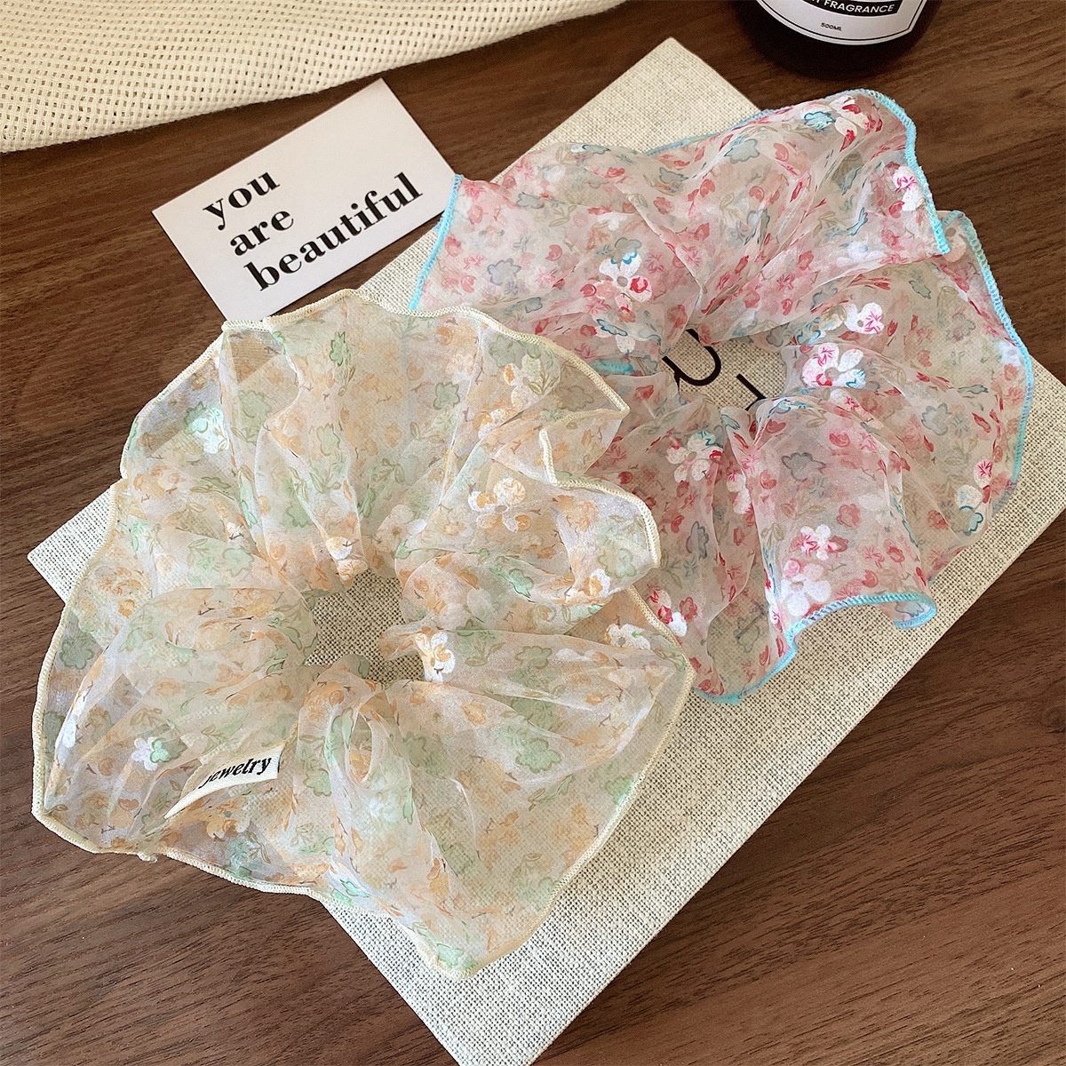 Women's Spring Summer Soft Gauze Hair Tie Scrunchie Pink Ditsy Floral