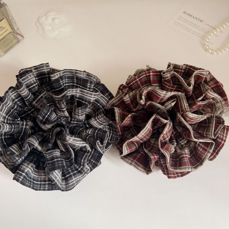 Women's Autumn Preppy Cloth Hair Tie Rubber Band Black Wine Red Plaid