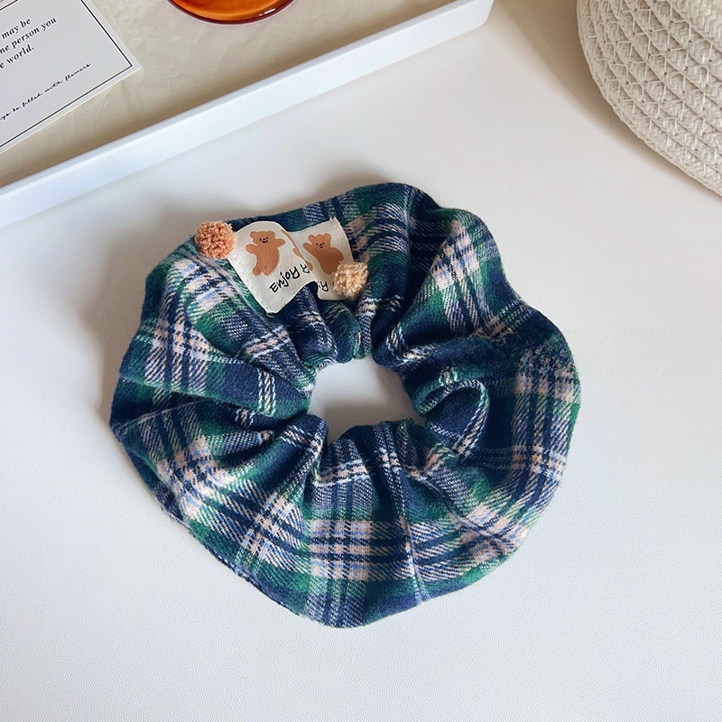 Women's Autumn Styling Cloth Hair Tie Grey Plaid Little Bear Pattern