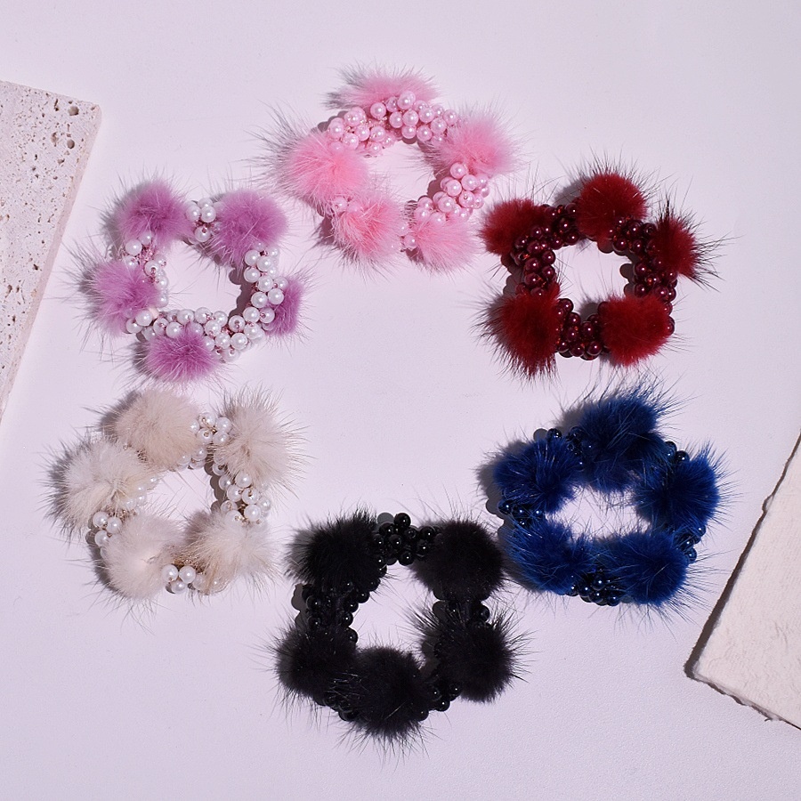 Women's Winter Plush Pearl Hair Tie Solid Color Bubble Ponytail Holder