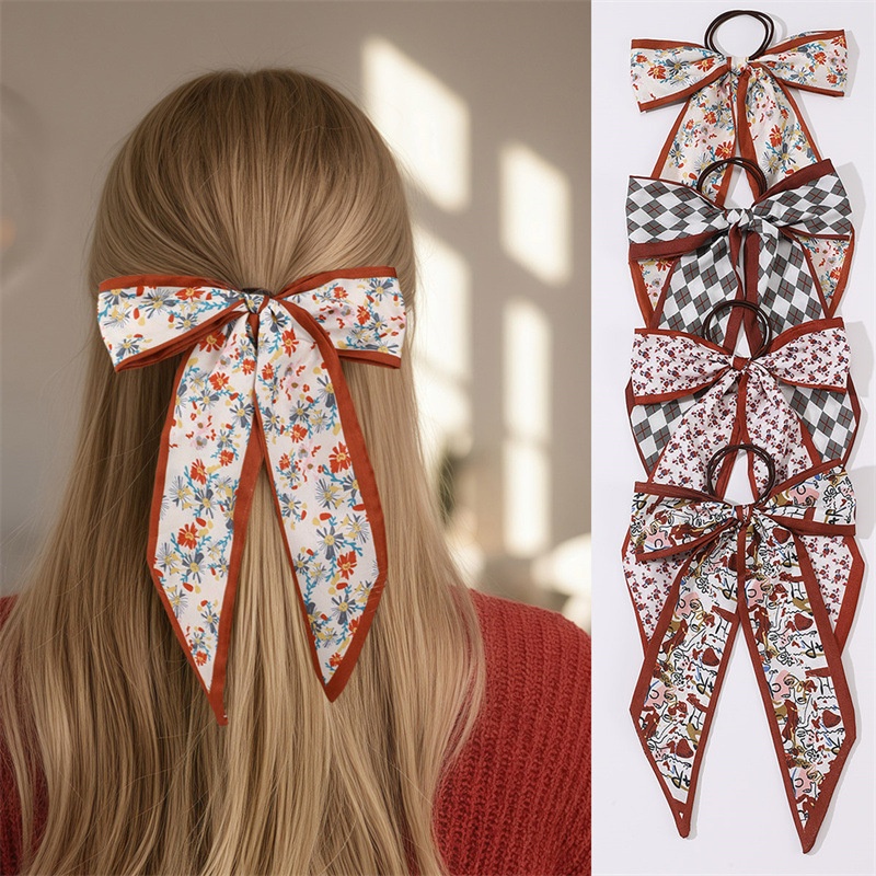 Women's Satin Bow Hair Tie Scarf Headband Black Striped Floral Plaid