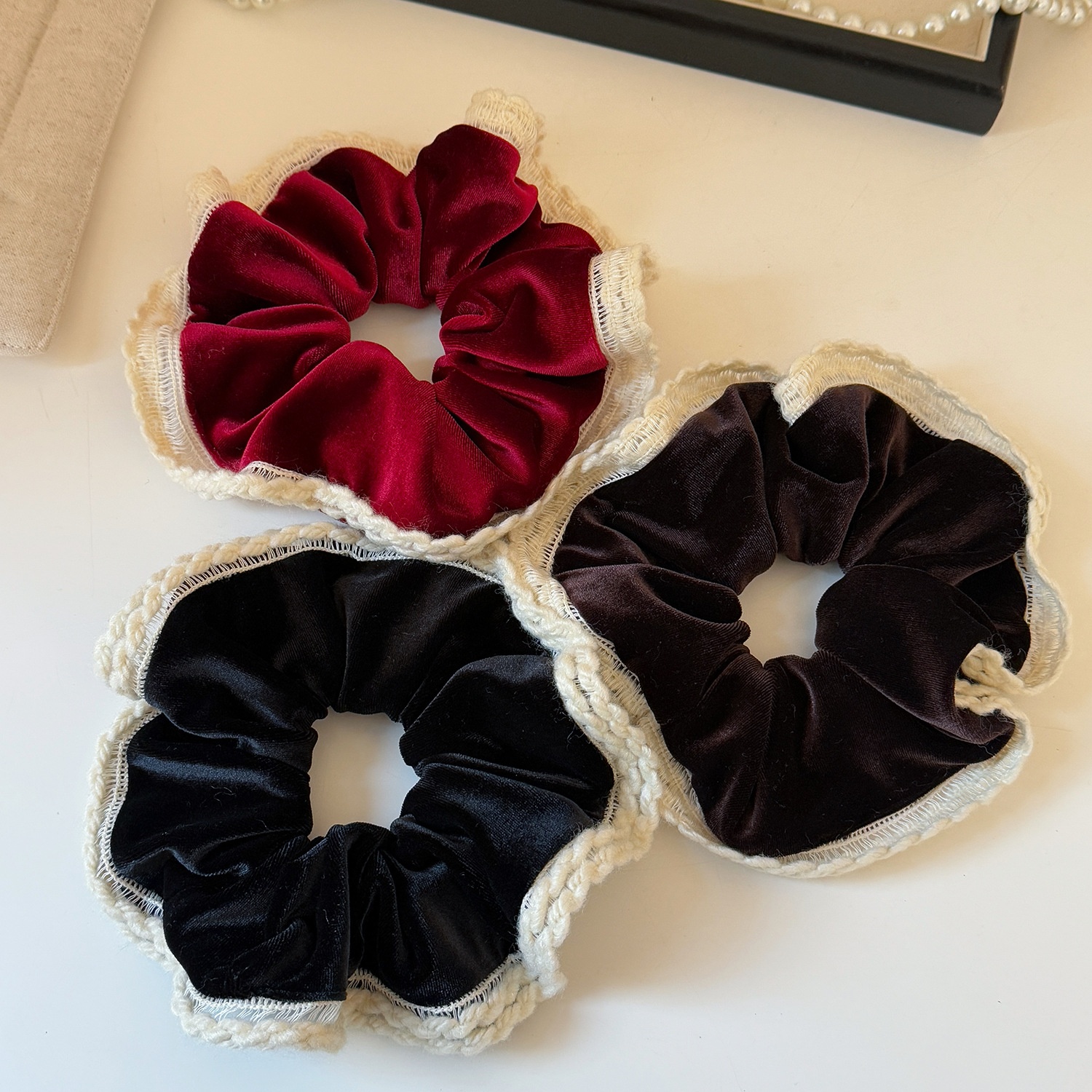 Women's Elegant Velvet Lace Hair Tie for Buns and Ponytails Coffee Red Black