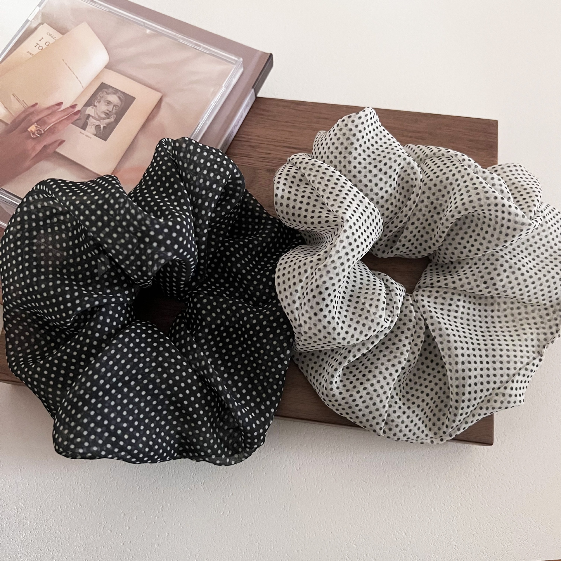 Women's French Retro Mesh Low Bun Hair Tie Black & White Polka Dot