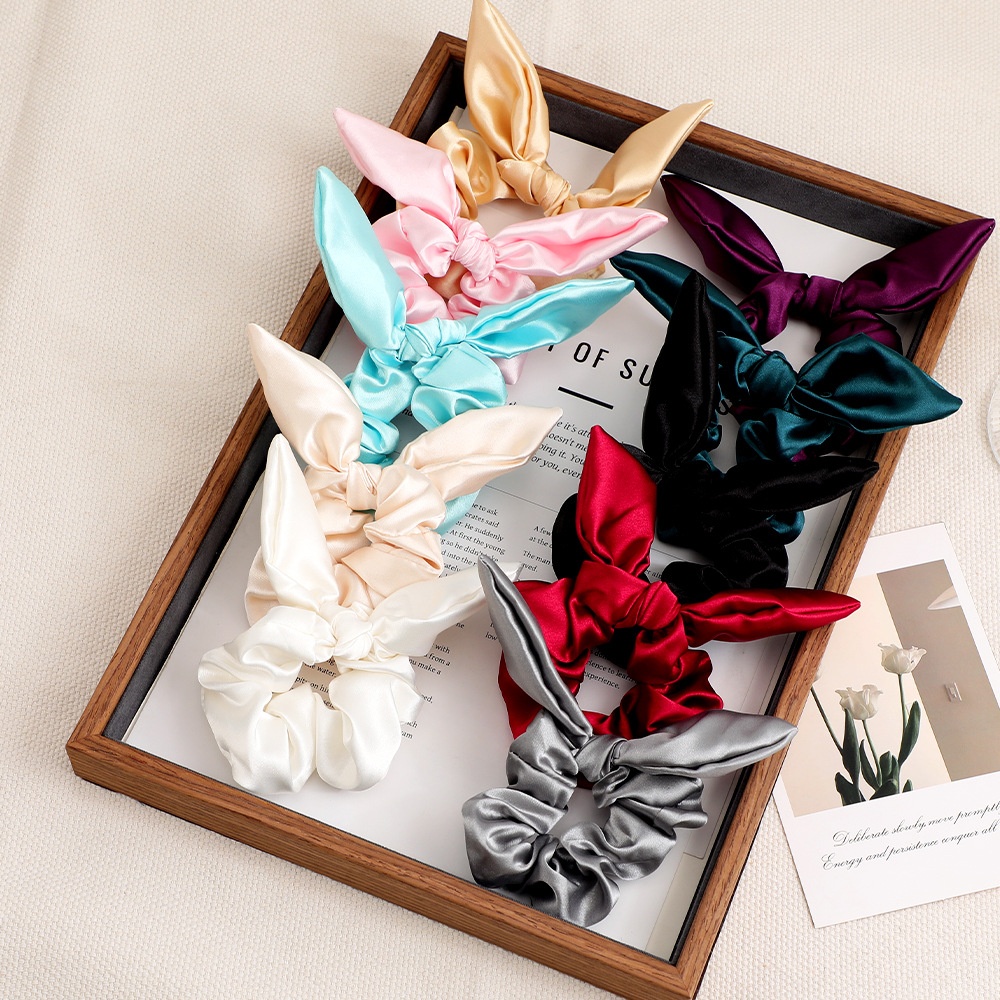 Women's Daily Satin Bowknot Hair Tie Rubber Band Black Bunny Ears