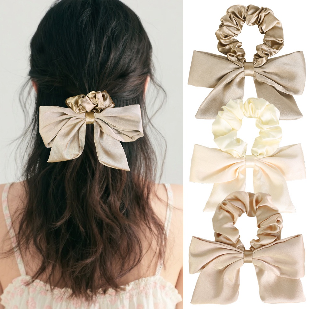 Women's Elegant French Cloth Bowknot Hair Tie Autumn Accessory Beige