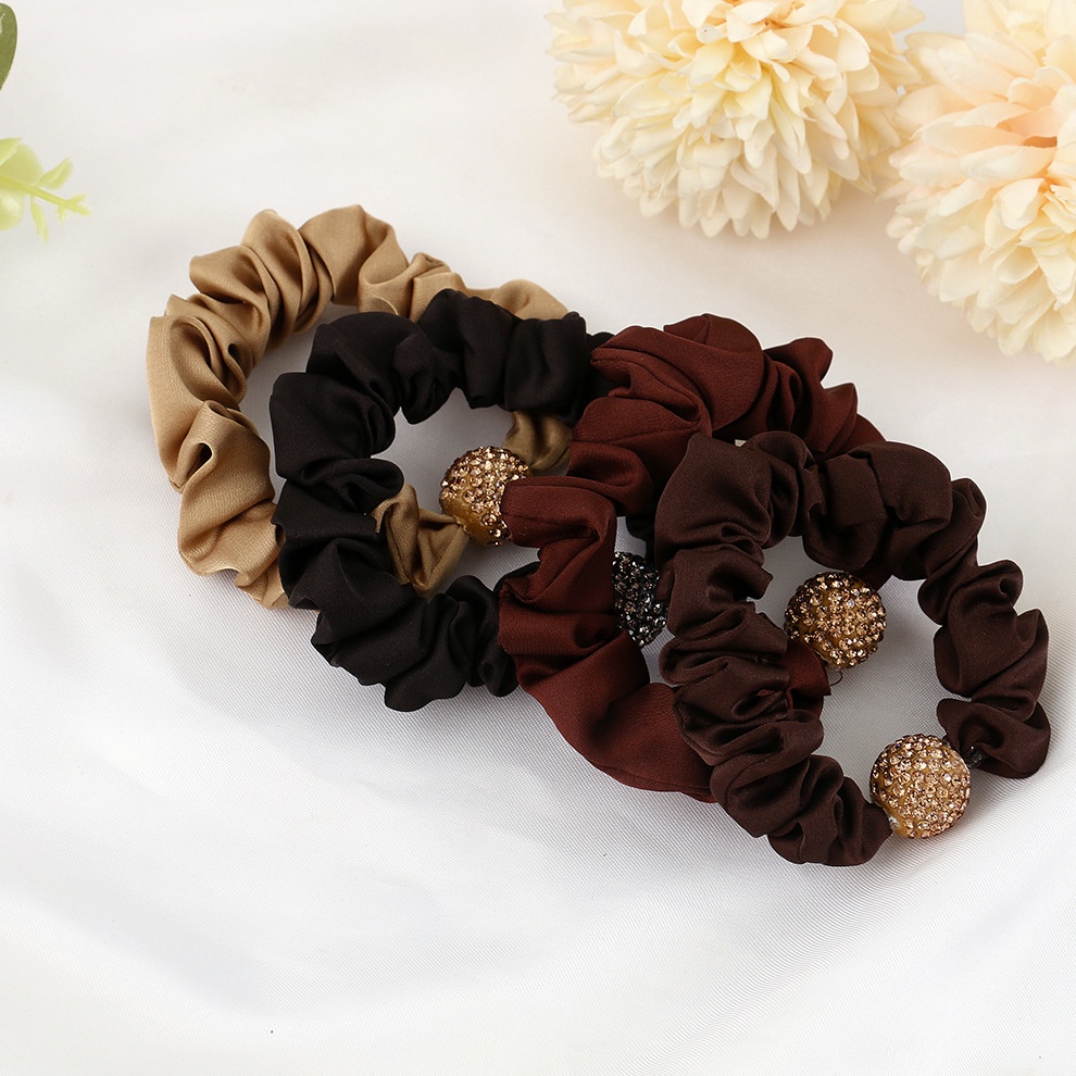 Women's High Elasticity Pleated Rhinestone Hairband Khaki Brown Black Hair Tie