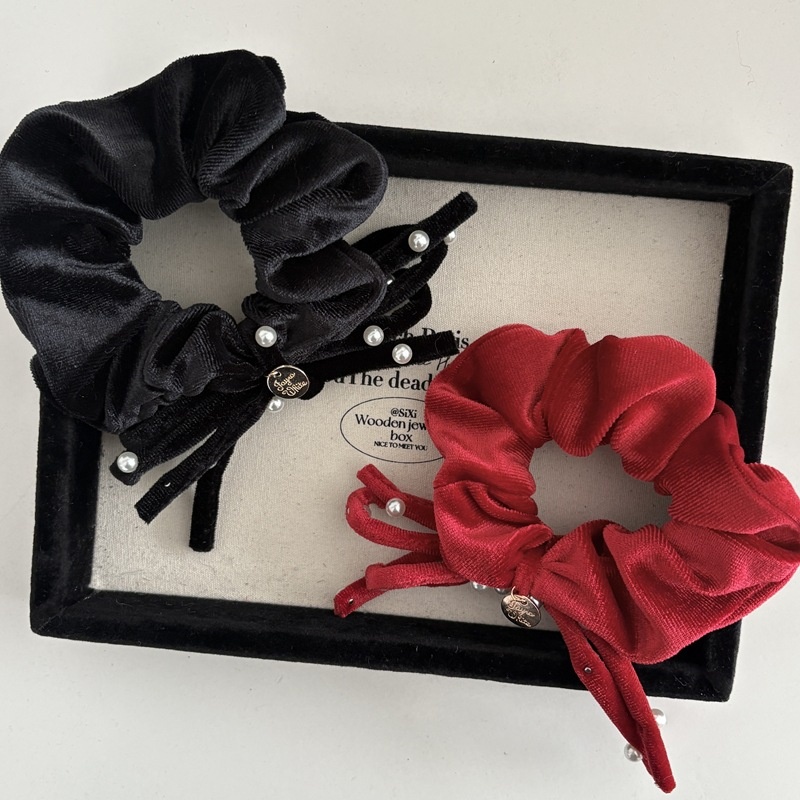 Women Pearl Velvet Autumn Winter Hair Scrunchie Red Black Bowknot