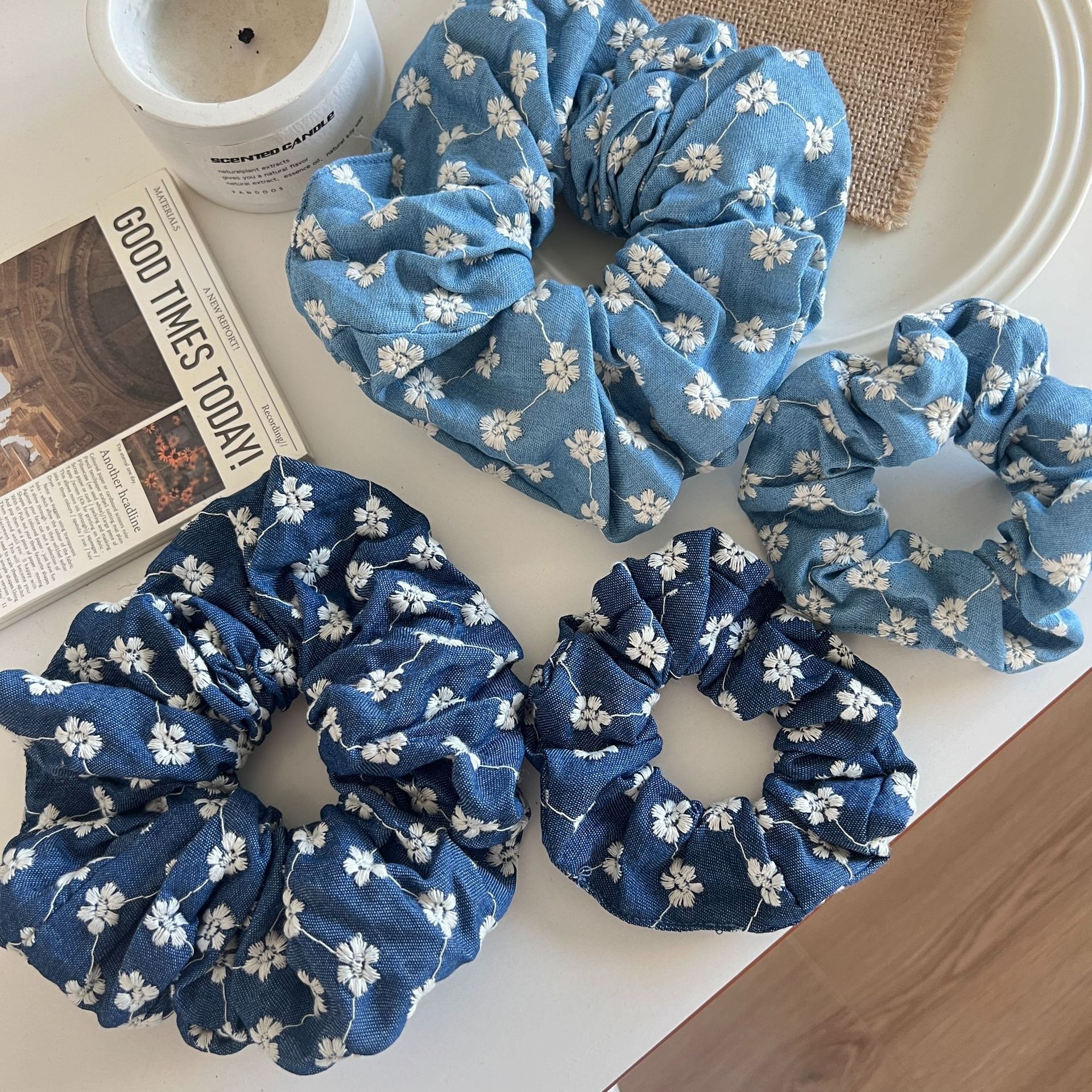 Women's Large Denim Blue Rose Flower Hair Tie Elegant Elastic Cloth Hair Band