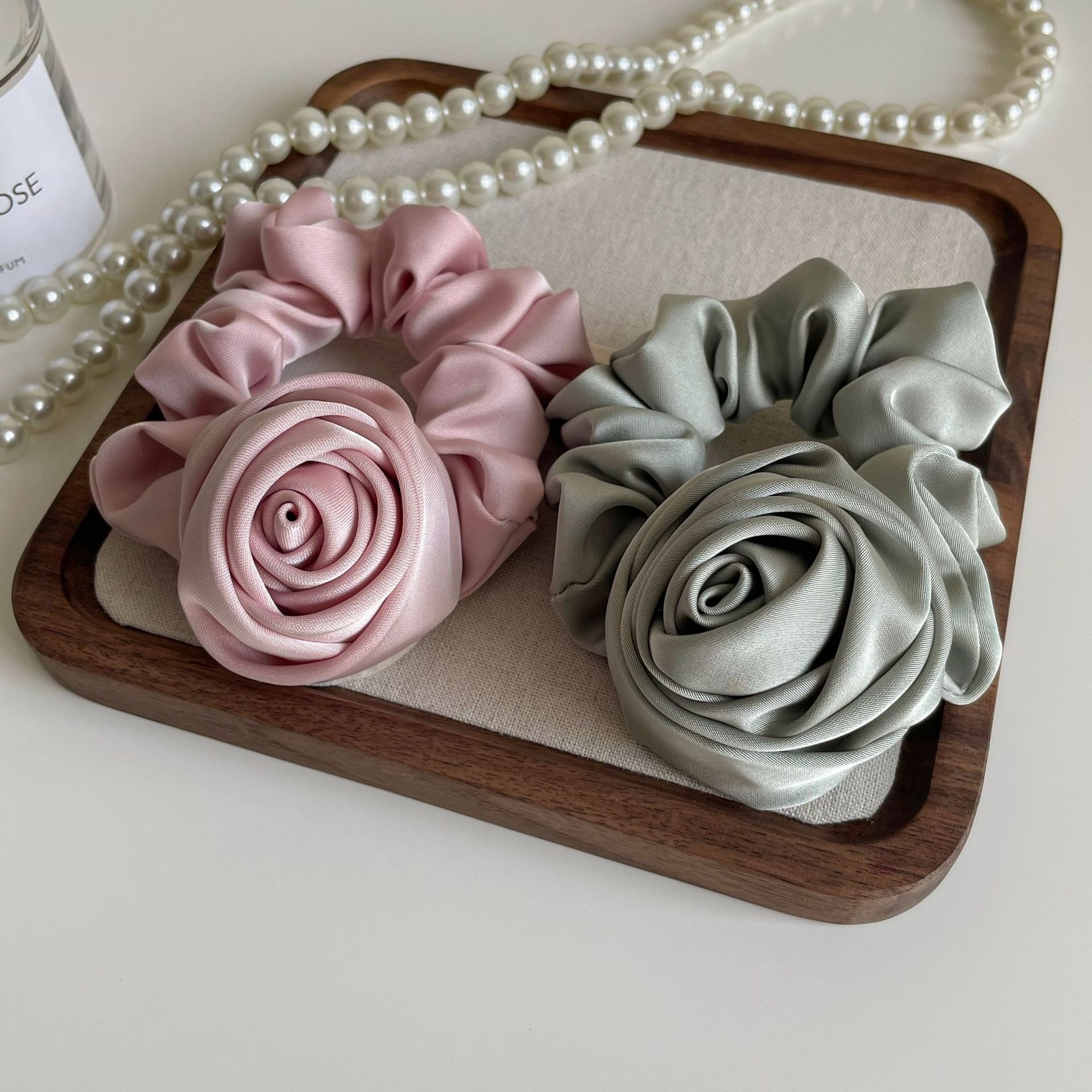 Women's Mint Series 3D Rose Satin Hair Ties High Elasticity Bun Accessories