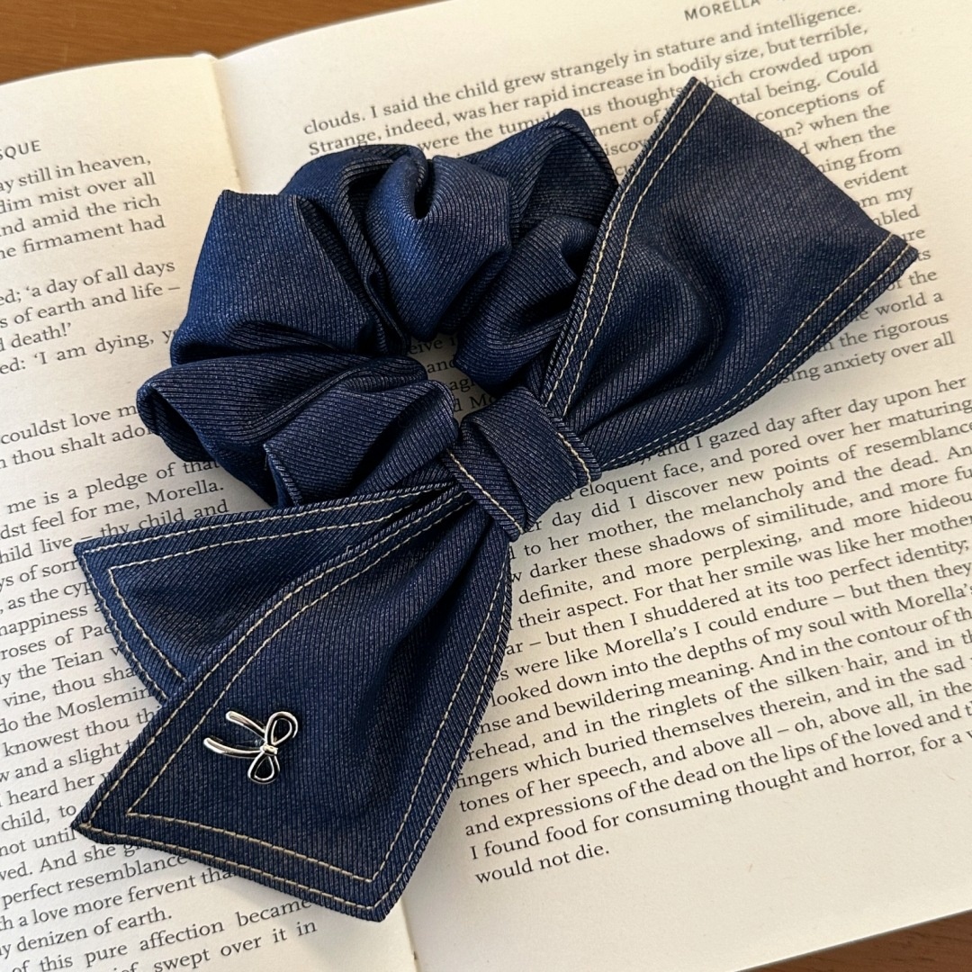 Women's Handmade Denim Butterfly Knot Scrunchie Retro Fashionable Grey Blue