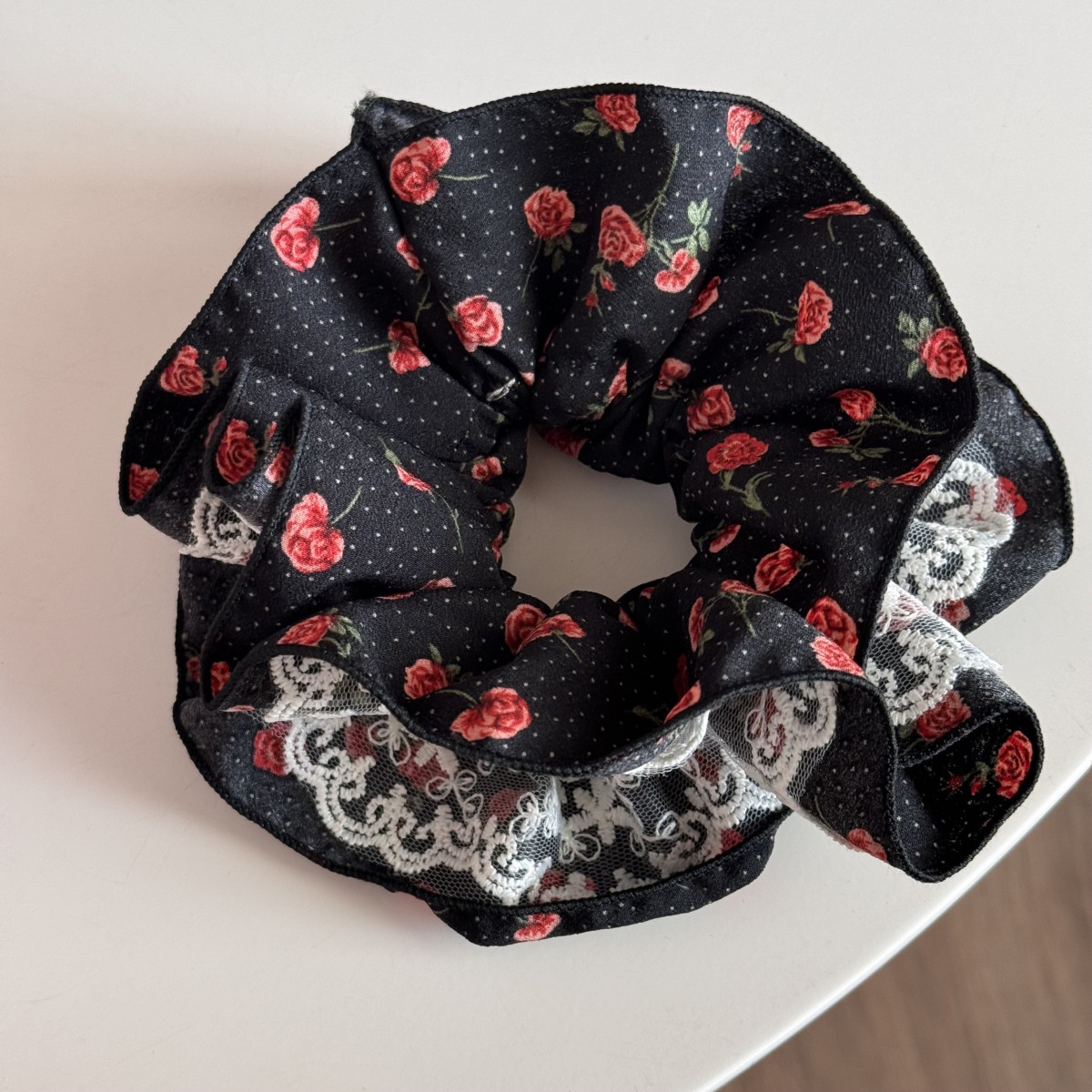 Women's Elegant Lace Rose Scrunchie Hair Accessories Pink Black Polka Dots