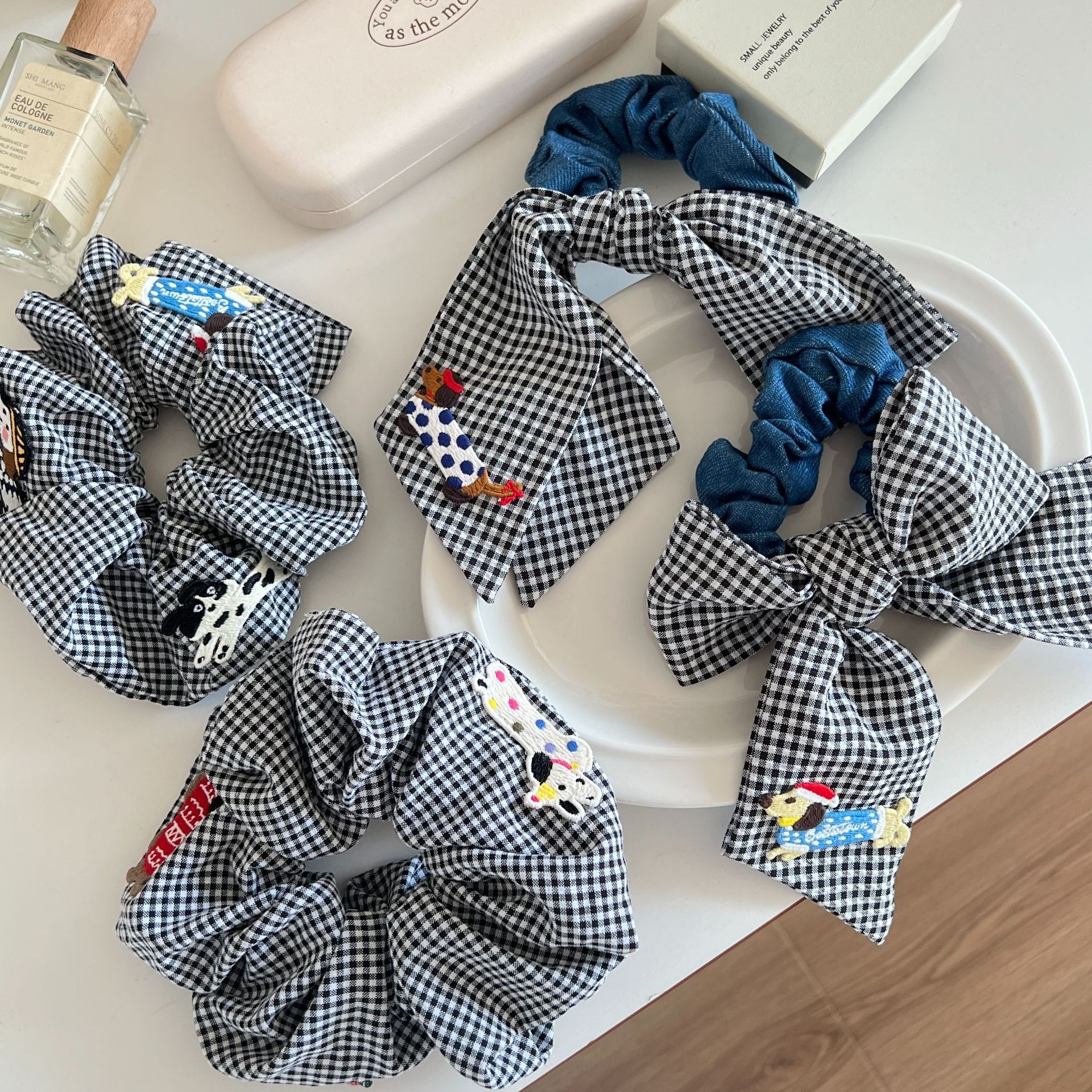 Women's Fabric Bow Tie Hair Scrunchie Plaid Sausage Dog Print
