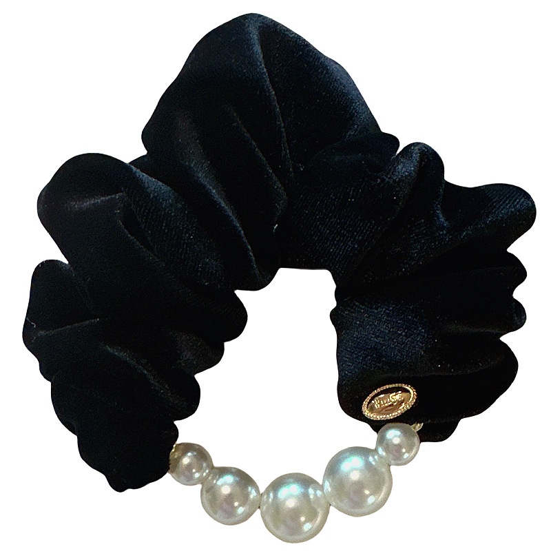 Women Elegant Velvet Pearl Hair Tie Coffee Lake Blue Black Wine Red