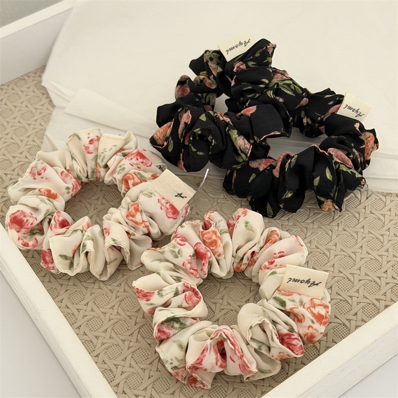 Women's Minimalist Fabric Hair Tie For Ponytails Beige Black Floral Print