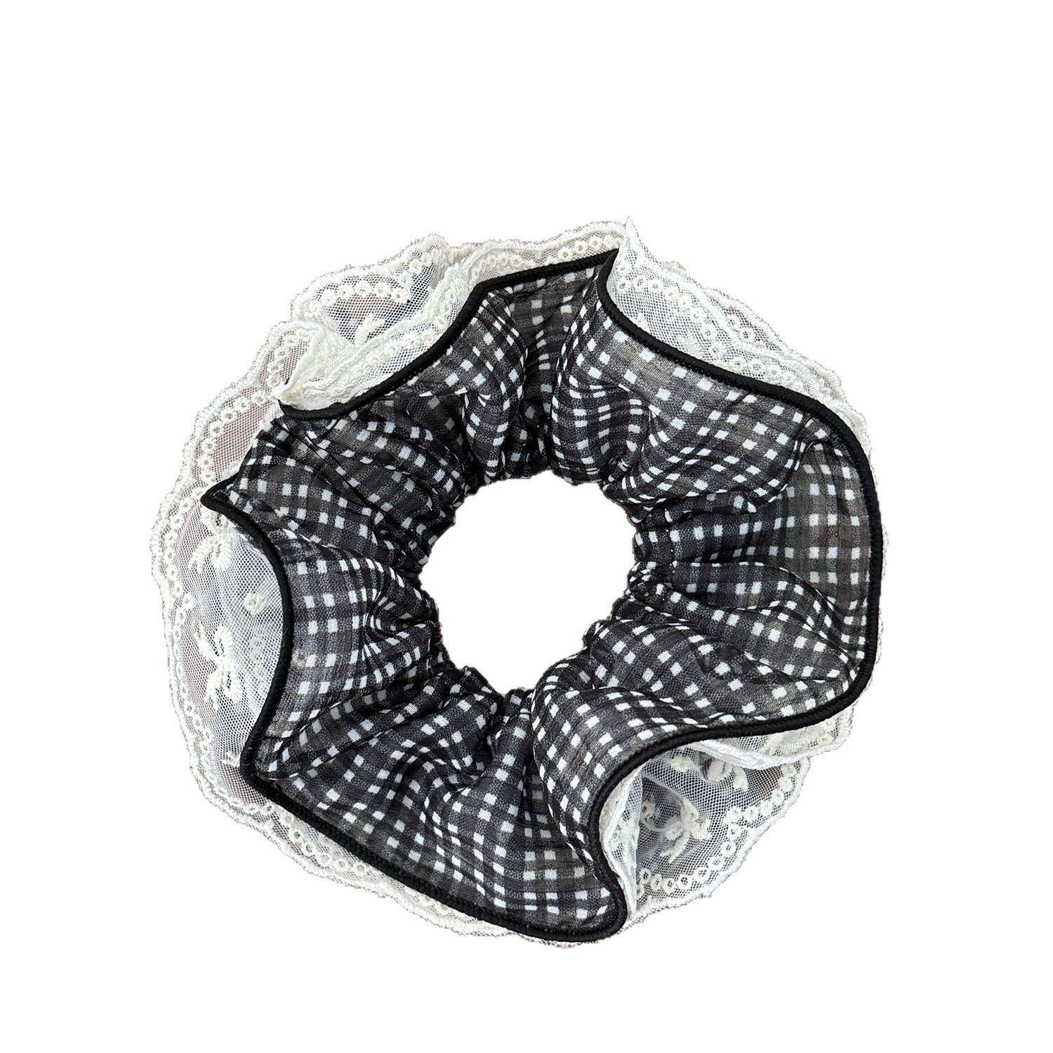Women's Daily Preppy Style Gauze Hair Tie Classic Black Plaid