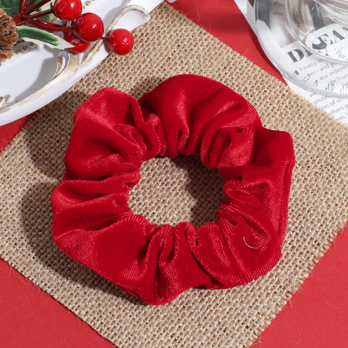 Women's Autumn Winter Fluffy Knit Hair Scrunchie Classic Red Plaid