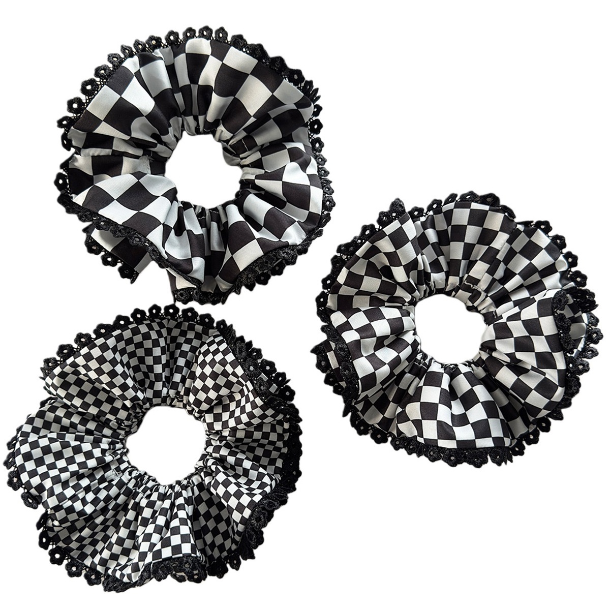 Women's Daily Double-Layer Cloth Hair Tie Black White Checkered