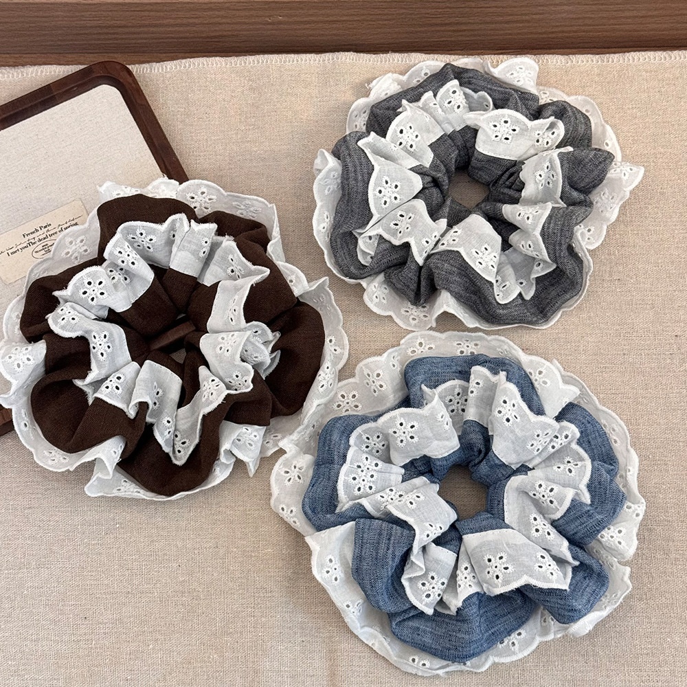 Women's Soft Cloth Elastic Bun Hair Bands Retro Lace Trim Polka Dot