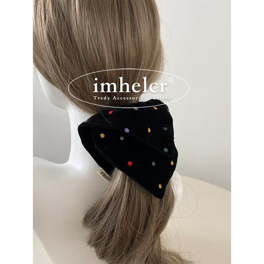 Girls Colorful Polka Dot Embroidered Black Velvet Headband Hair Bun Wrap