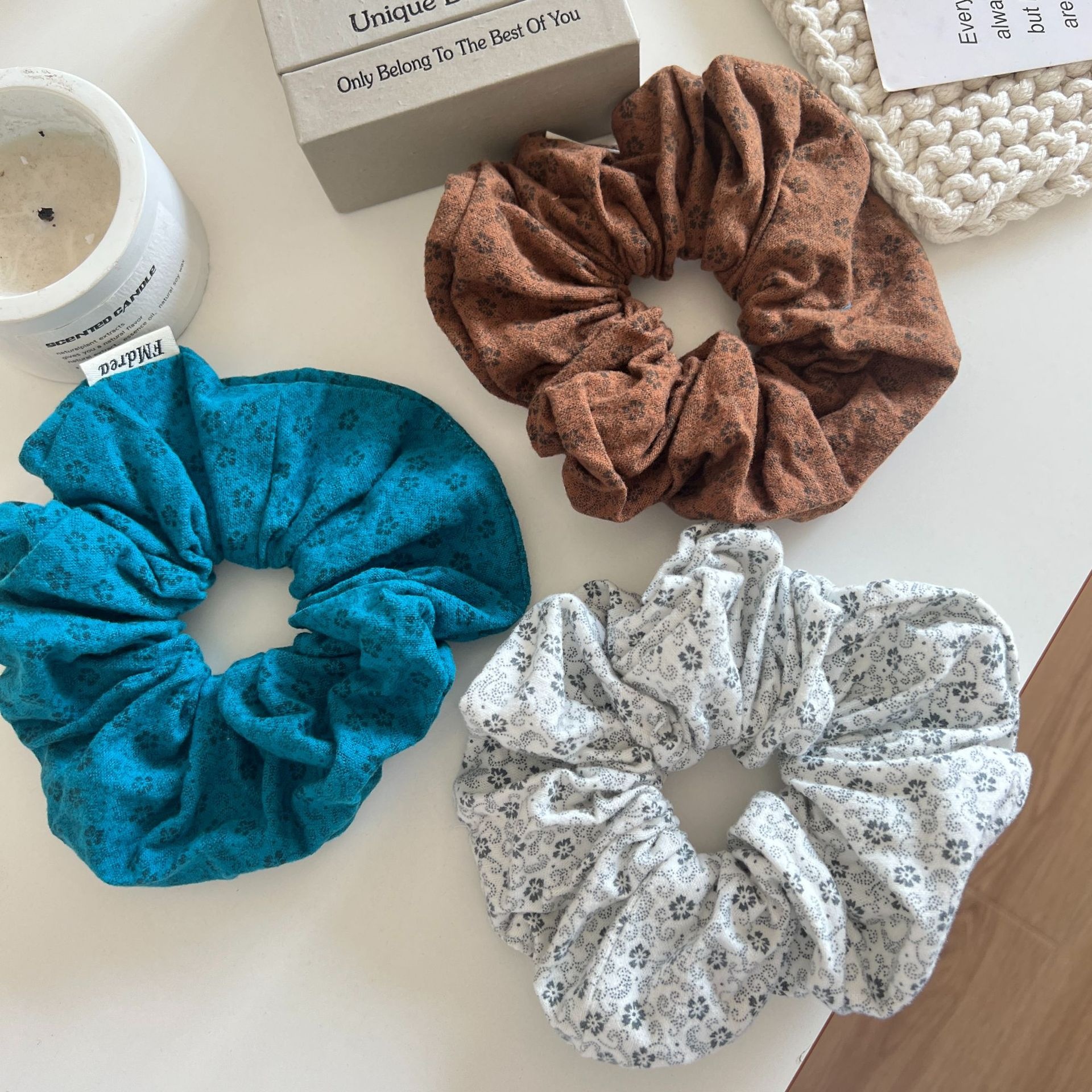 Women's Elegant Large Bun Bowknot Hair Tie in Simple Blue Small Floral Cloth