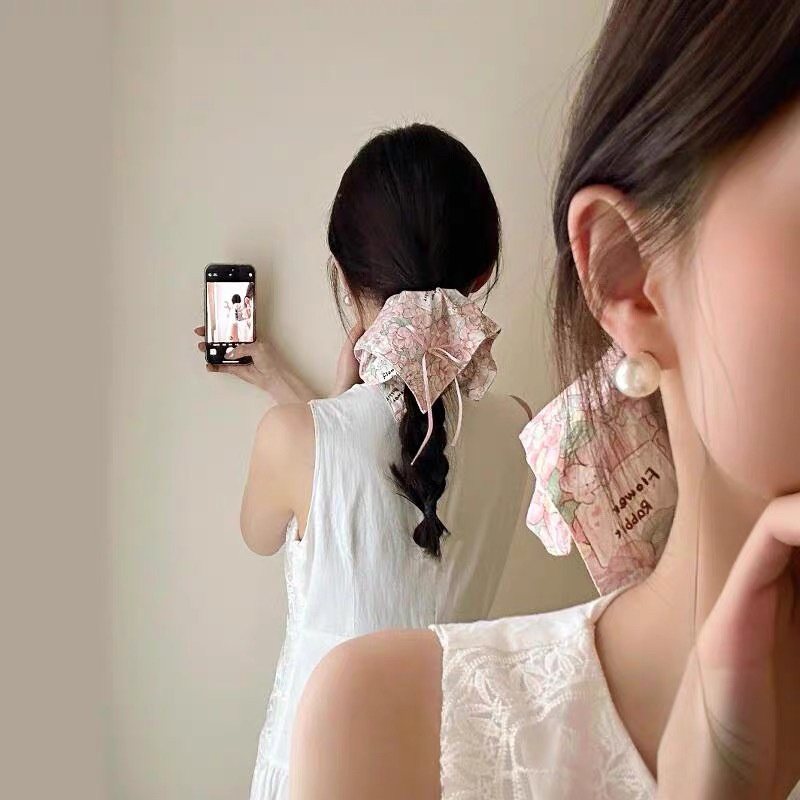 Women's Spring Summer Sweet Cloth Hair Tie Pink Cherry Floral Lace