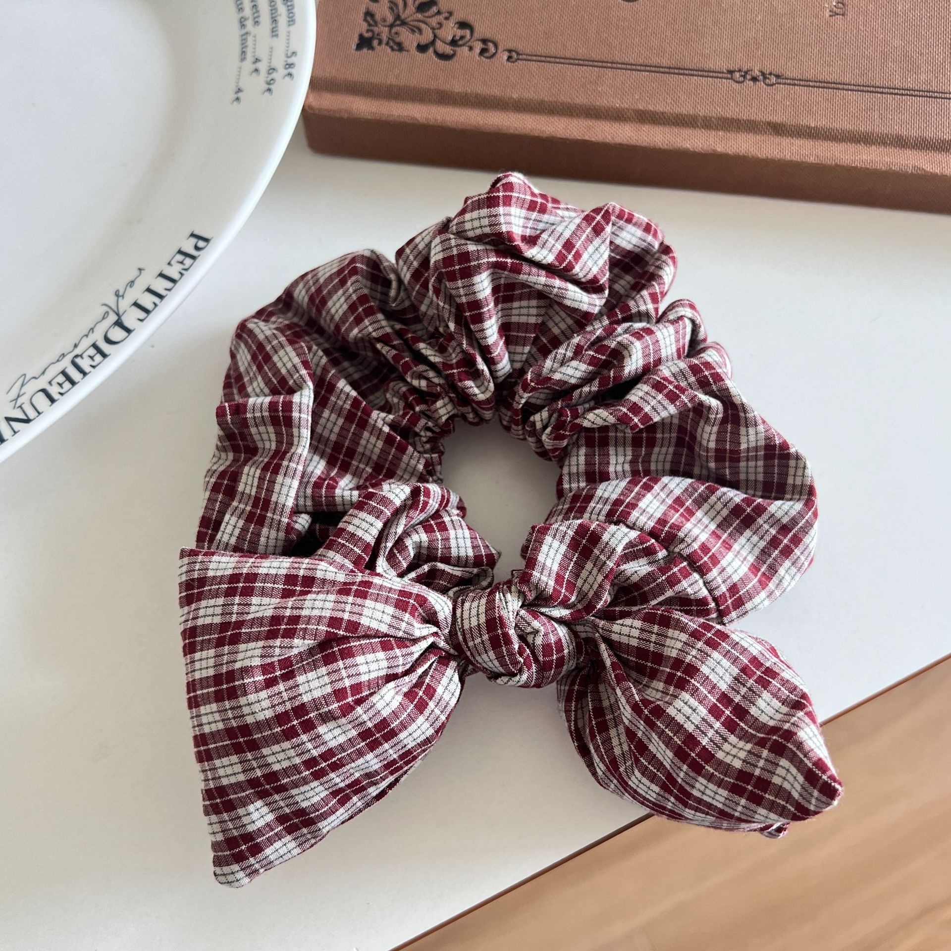Women's Ruffled Fabric Low Ponytail Hair Tie Scrunchie Retro Plaid
