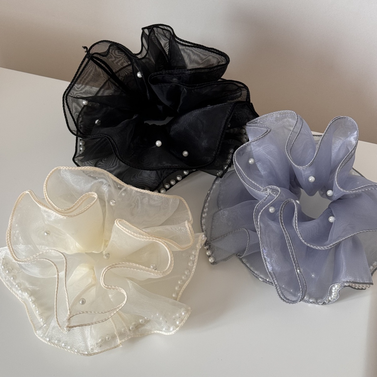 Women's Extra Large Hepburn Beaded Net Hair Tie Volume-Increasing Solid Cloth