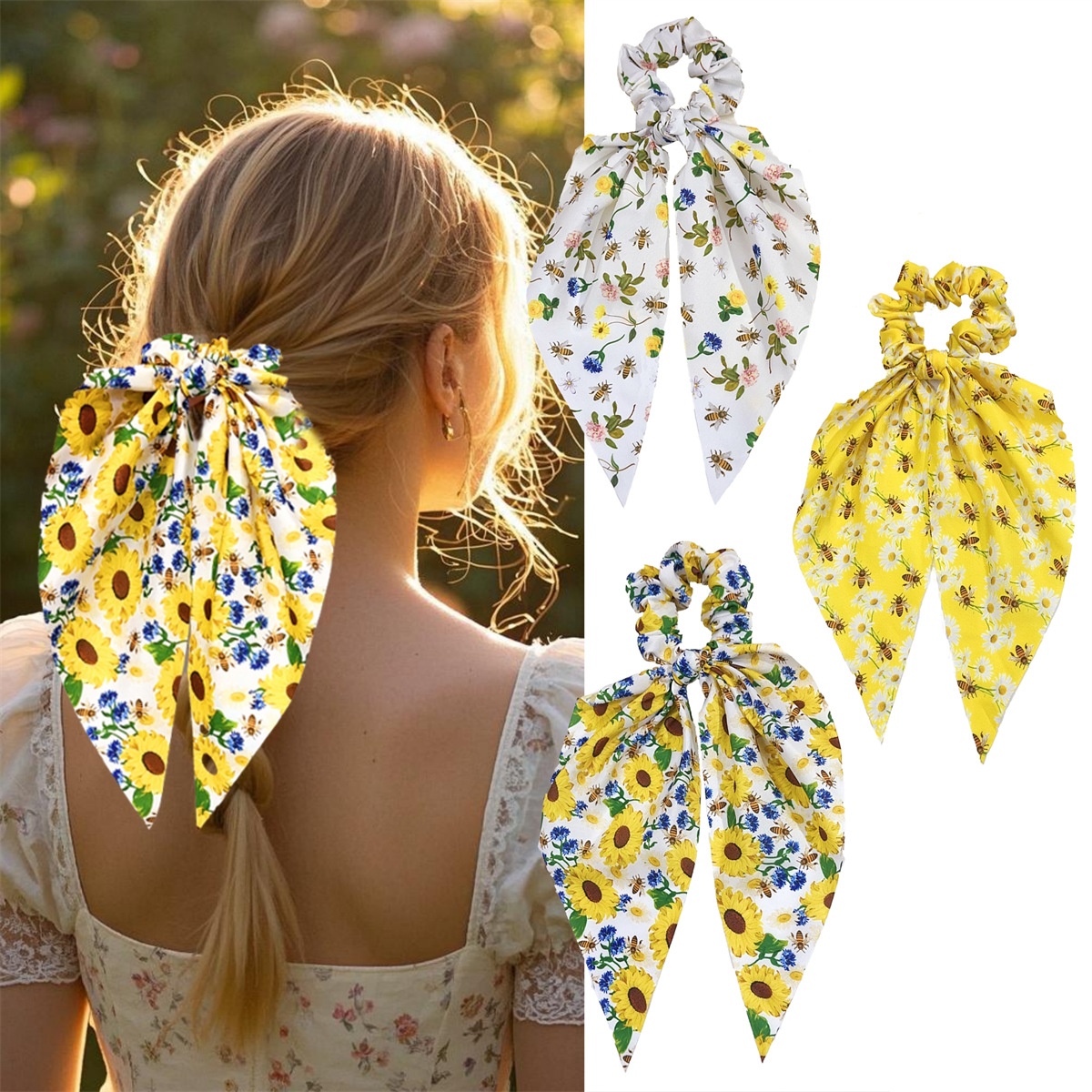 Women's Beach Cloth Hair Tie White Sunflower Bee Print