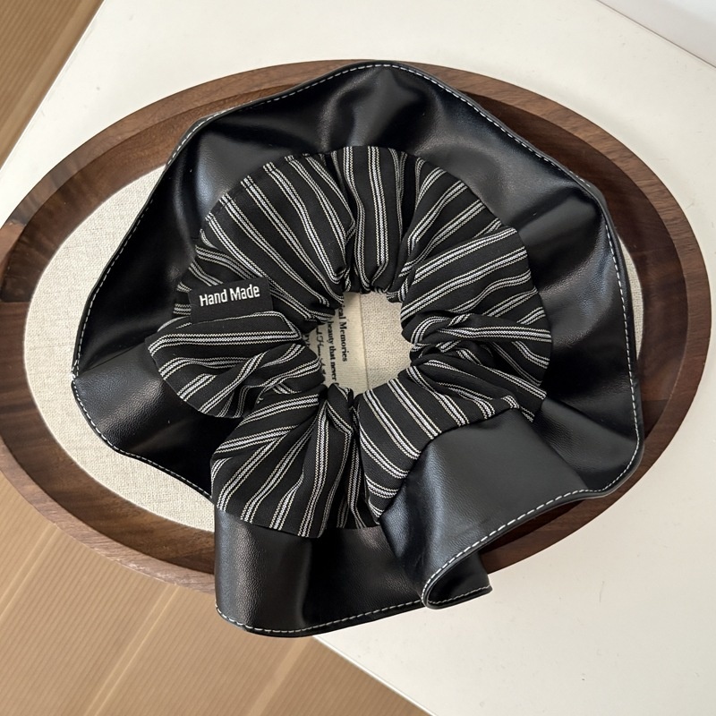 Women's Autumn Vintage Leather Ruffle Ponytail Hair Ties Striped Patchwork