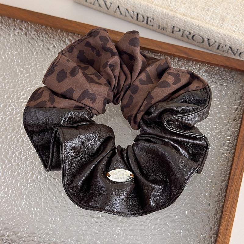 Women's Winter PU Leather Low Ponytail Scrunchie Brown Leopard Print